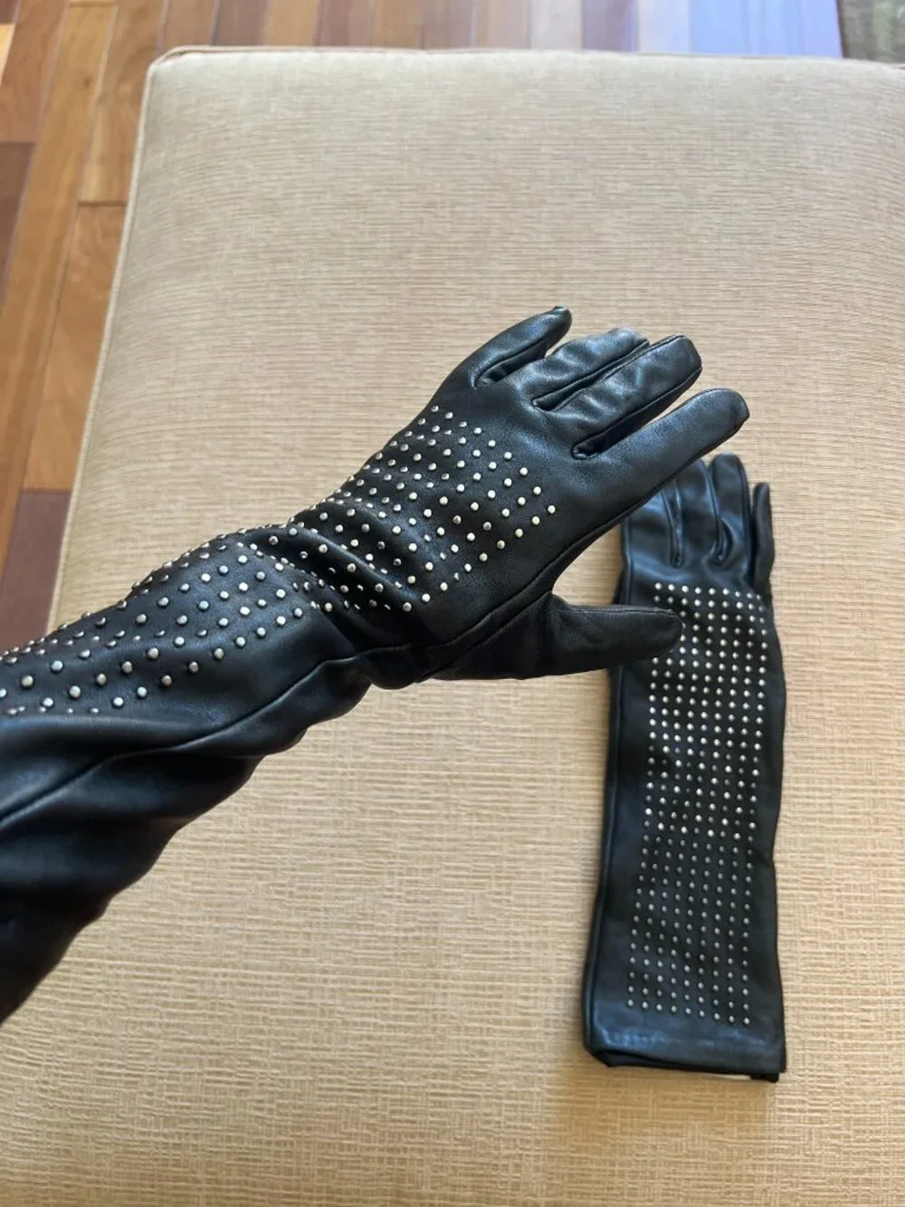 Neiman Marcus x Target by Brian Atwood long black studded leather gloves